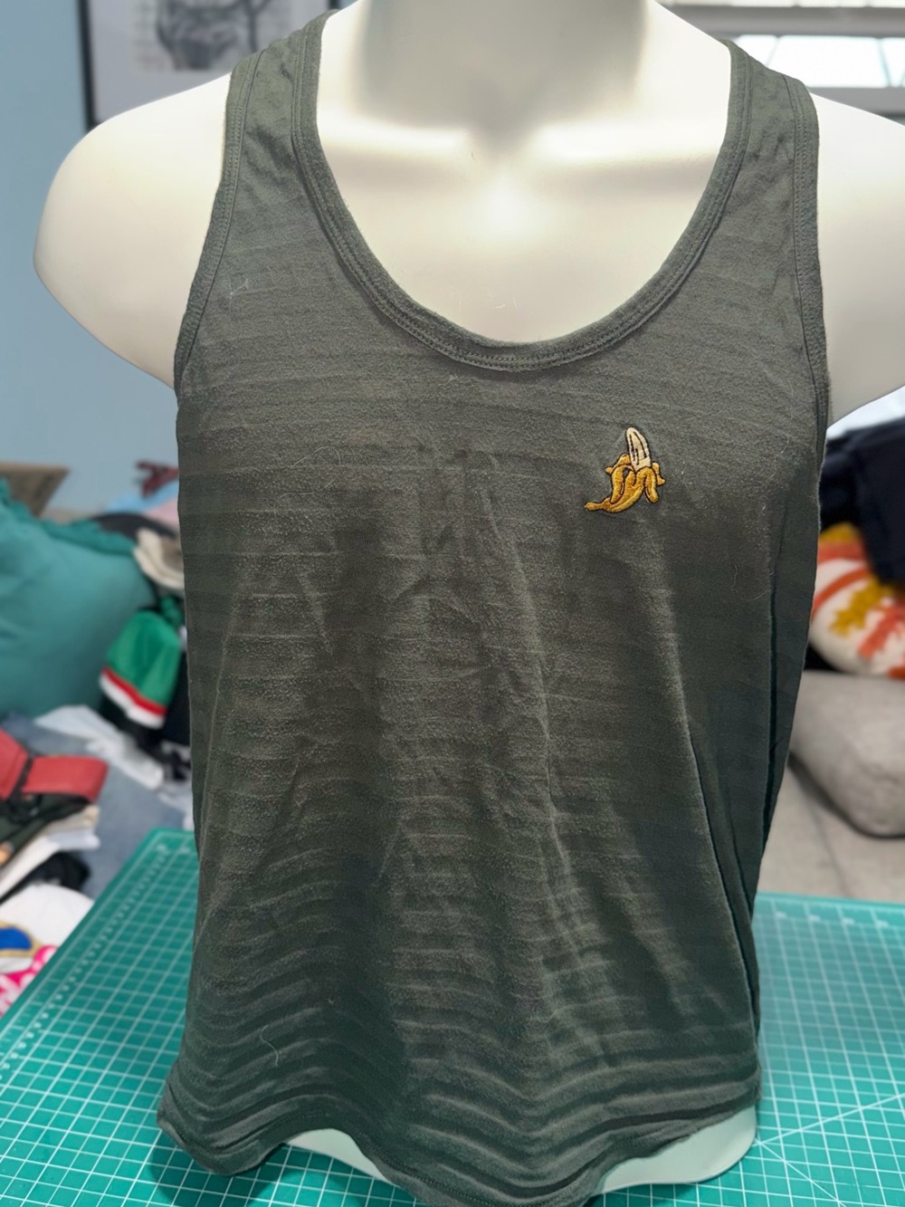 Bar code Dark Olive Green Men's Tank Top with Banana Patch Size S